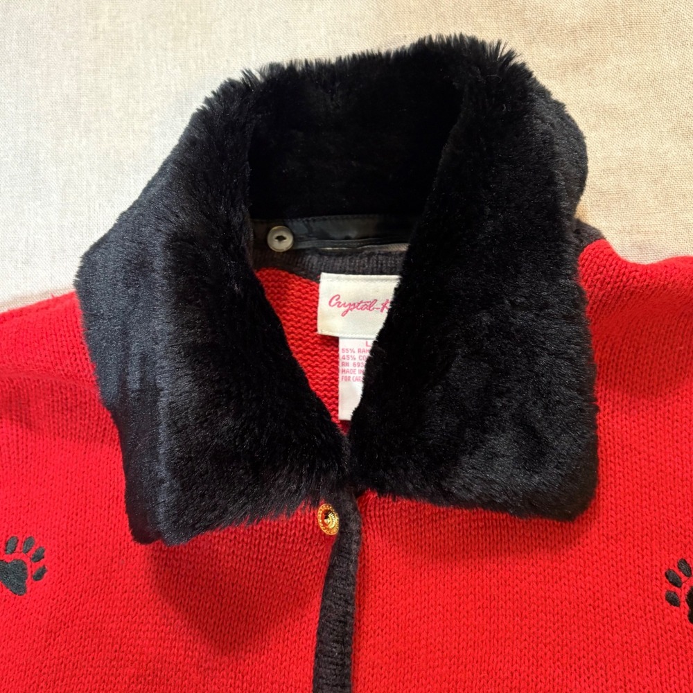 VTG Crystal Kobe‎ Red Scottish Terrier Dog Paw Print Cardigan Fur Collar size L - Picture 3 of 7